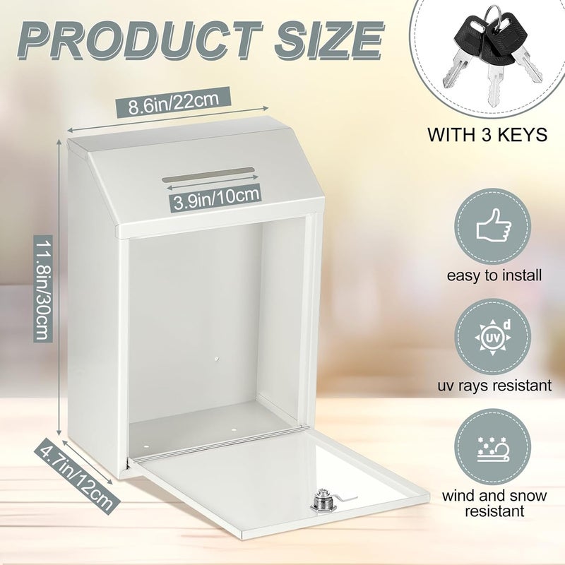 Yaocom Metal Money Donation Cash Box Collection Safe Suggestion Box with Lock Wall Mounted Mailbox Delivery Ballot Container for Home Office Outdoor Farmstand(White,11.81 x 8.58 x 4.72 Inch) - Image 2